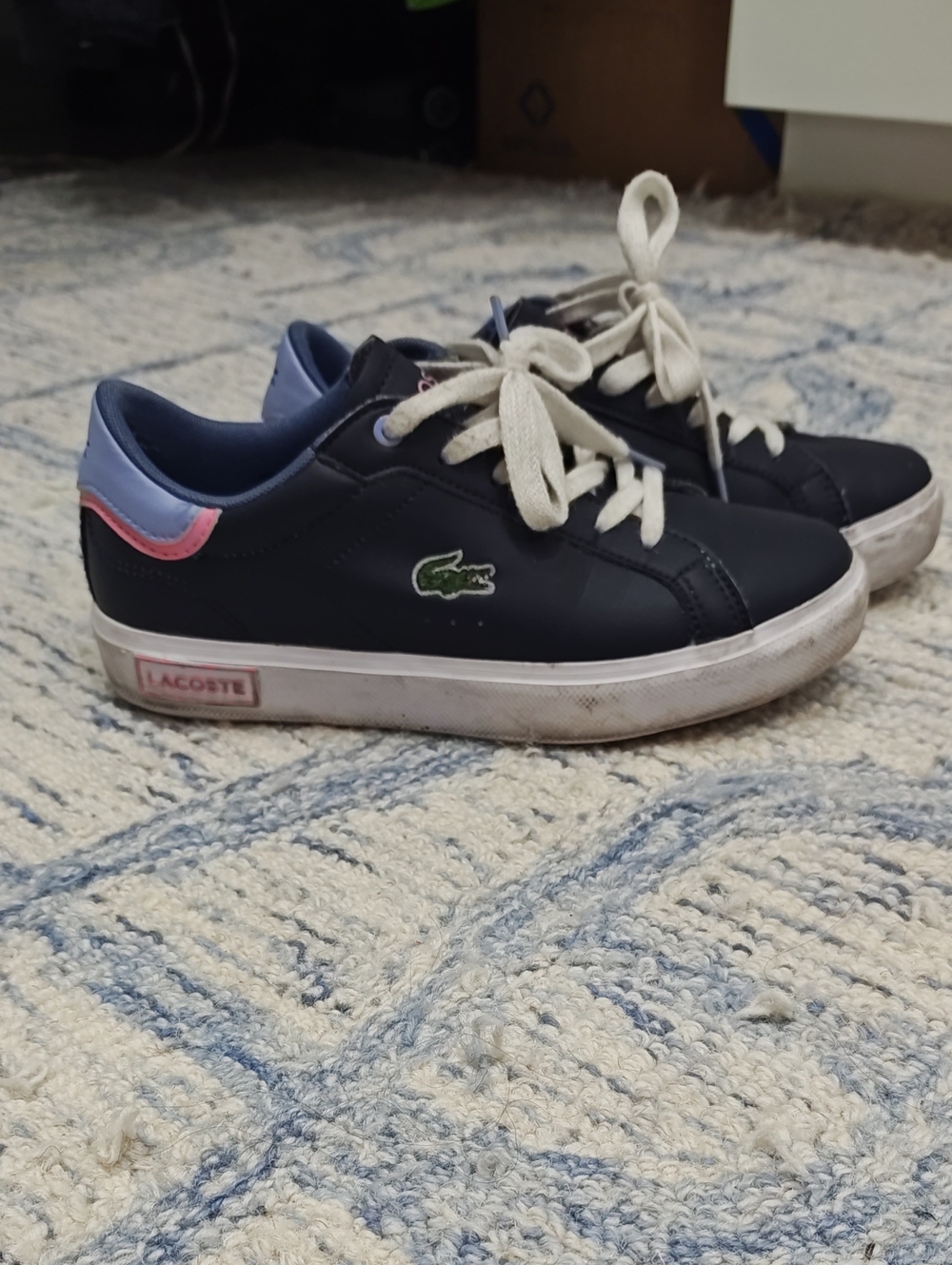 Lacoste Kids Navy Sneakers with Pink and Light Blue Heel Trim